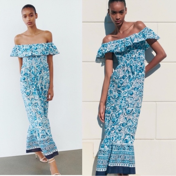 ZARA Portofino FLORAL PRINT OFF THE SHOULDER DRESS - Picture 3 of 12